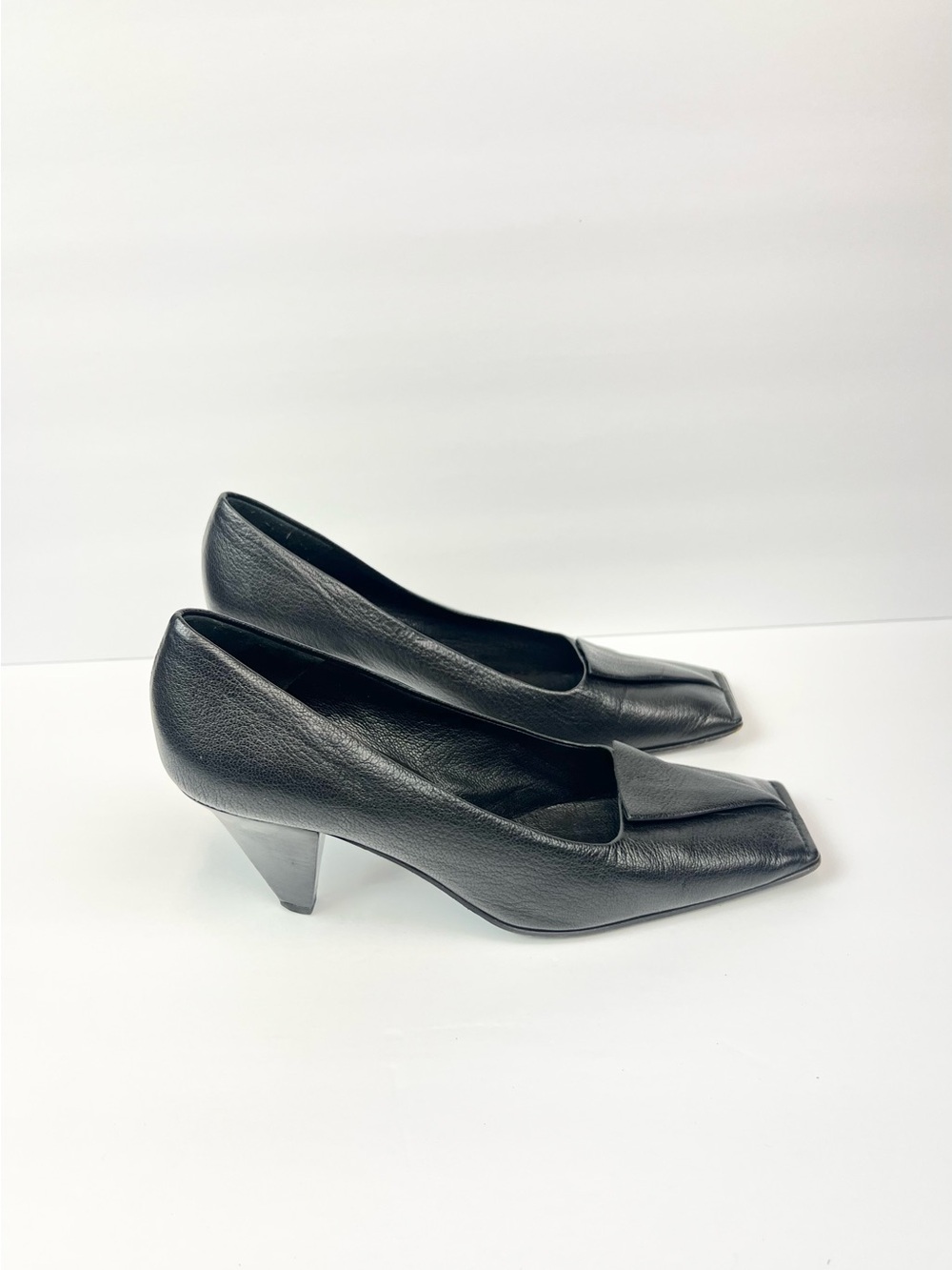 Jil Sander Black Leather Square-Toe Mid Block Heels US 7 Euro 37.5 Made In Italy - Picture 2 of 8